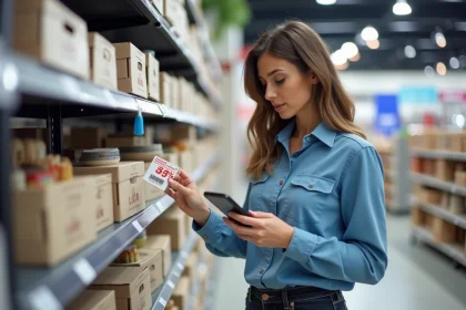 Femme examine une étiquette de prix dans un magasin de décoration