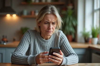 Femme agacée regardant un appel entrant d'un numéro indésirable en 0568 sur son smartphone