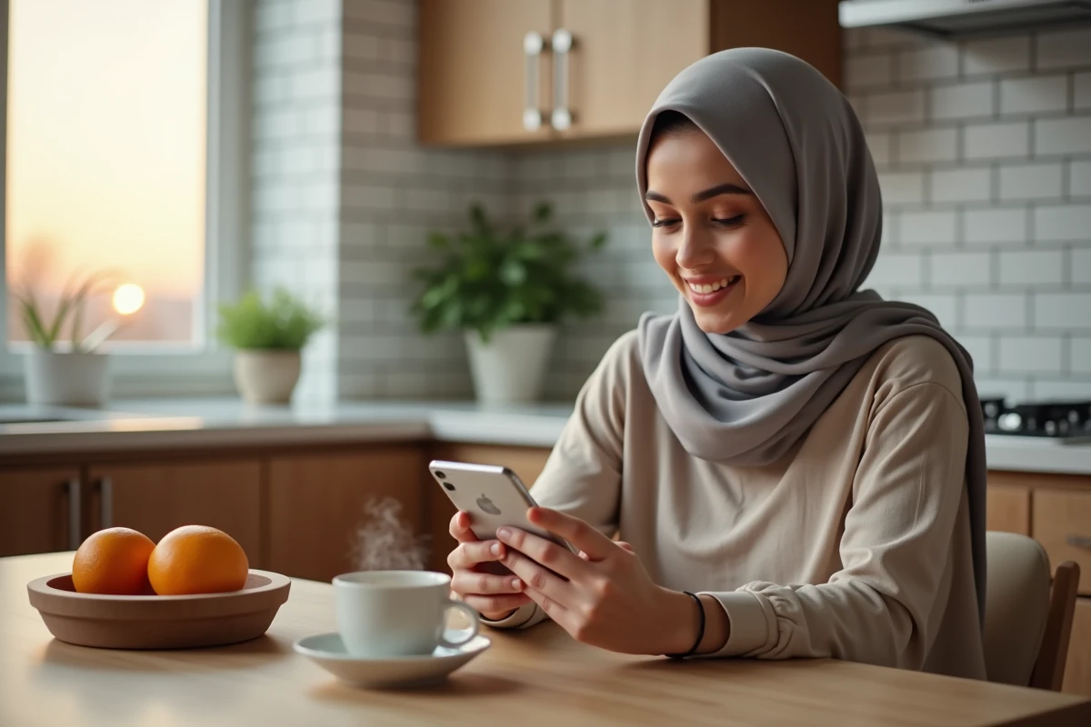Femme consultant une application horaire de prière sur smartphone pour connaître l'heure de l'imsak au petit matin dans une cuisine moderne