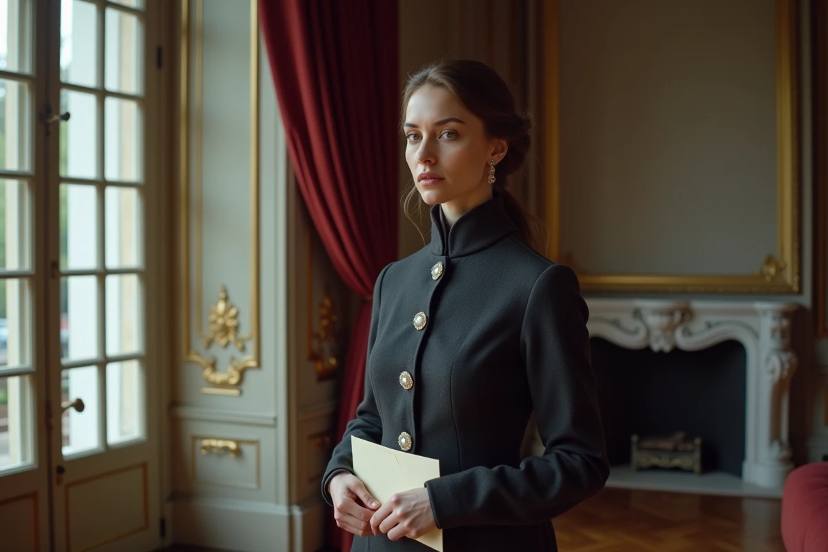 Femme en robe sombre tenant une lettre dans un salon aristocratique du XIXe siècle, symbole de la noblesse parisienne dans Le Rouge et le Noir