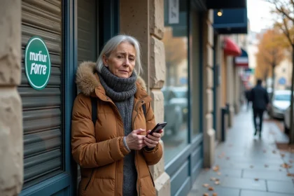 Femme inquiète devant un point relais fermé en hiver
