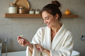 Jeune femme appliquant un gommage maison sur son bras dans une salle de bain lumineuse