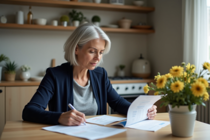Femme d'âge moyen vérifiant ses factures dans une cuisine chaleureuse