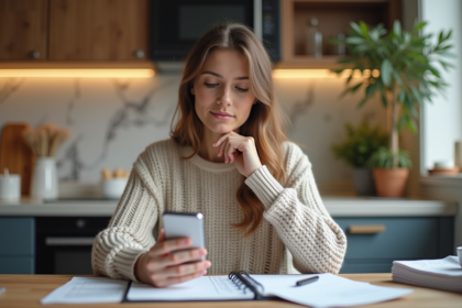 Jeune femme organisant ses finances à la maison