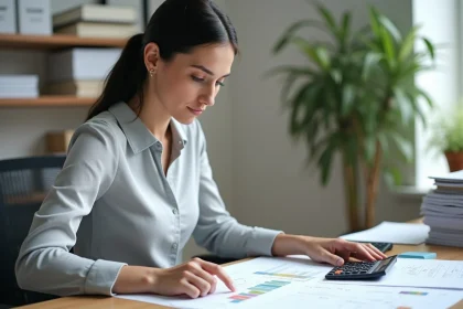Femme au bureau analysant des tableaux de conversion de degrés en pourcentage avec calculatrice et documents imprimés