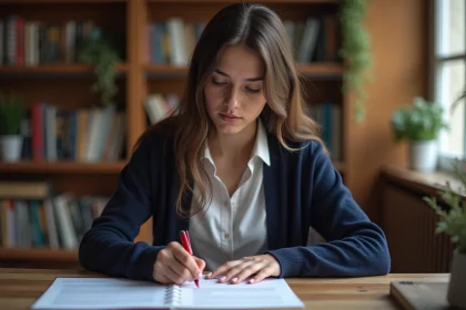 Jeune femme concentrée en bureau à la maison