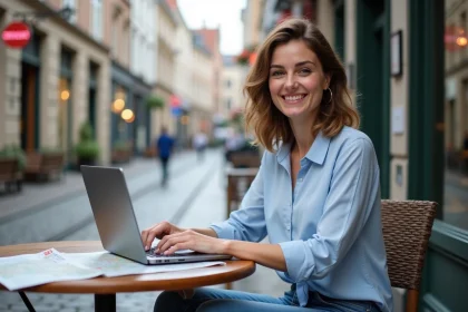 Femme souriante travaillant sur un ordinateur en terrasse en Belgique
