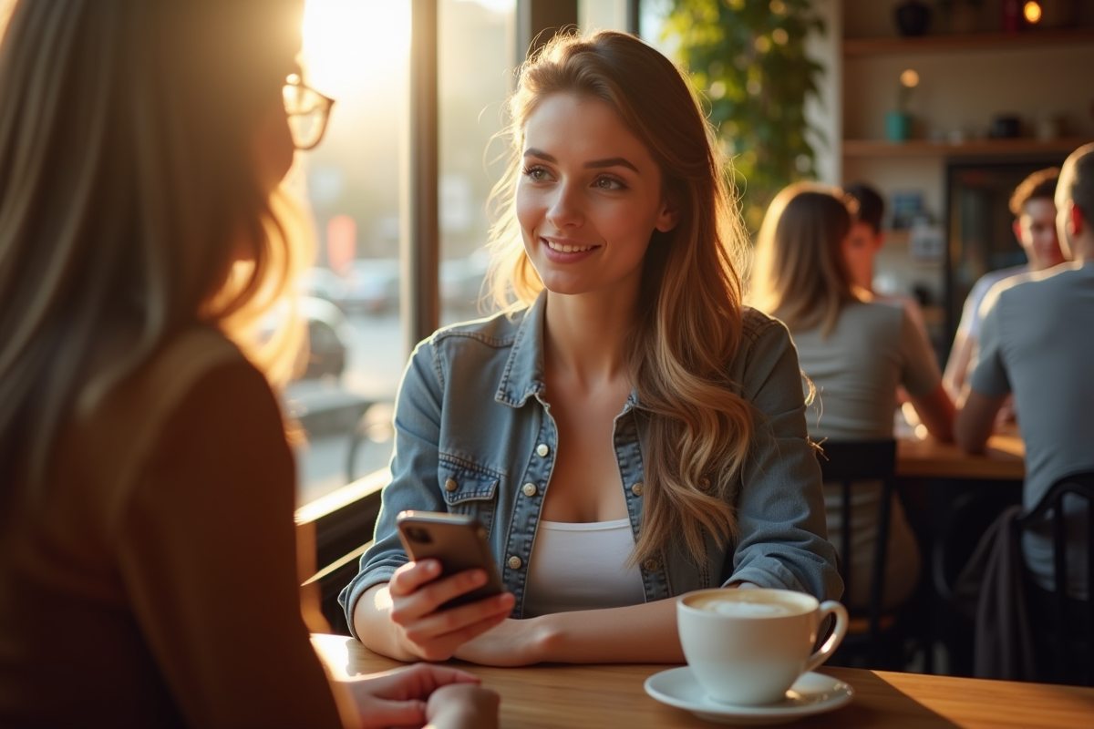 Jeune femme utilisant une application de traduction au café