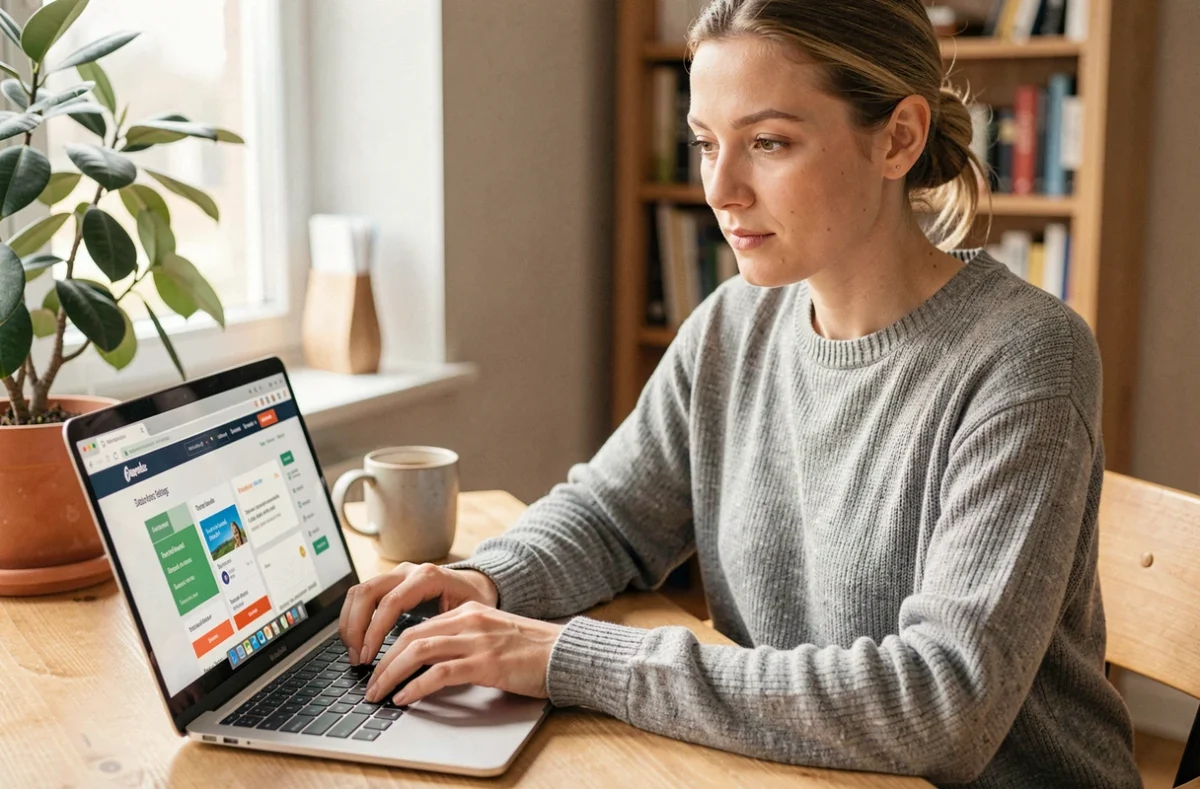 Femme comparant des sites de réservation d'activités comme Funbooker sur un ordinateur portable dans un bureau à domicile