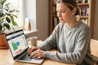 Femme comparant des sites de réservation d'activités comme Funbooker sur un ordinateur portable dans un bureau à domicile