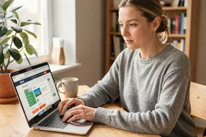 Femme comparant des sites de réservation d'activités comme Funbooker sur un ordinateur portable dans un bureau à domicile