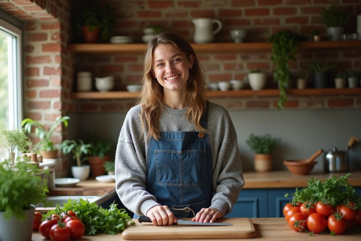 Jeune femme cuisinant dans une cuisine rustique lumineuse
