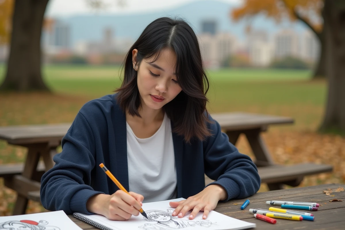 Femme dessinant des personnages de One Piece en plein air dans un parc
