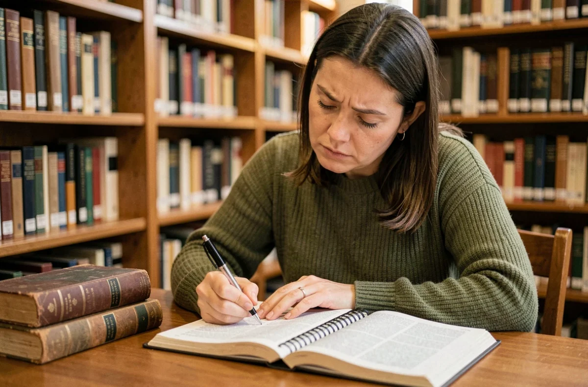 Femme consultant un dictionnaire et prenant des notes sur le champ lexical et les synonymes de la parole