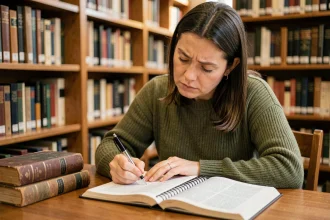 Femme consultant un dictionnaire et prenant des notes sur le champ lexical et les synonymes de la parole