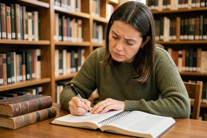 Femme consultant un dictionnaire et prenant des notes sur le champ lexical et les synonymes de la parole