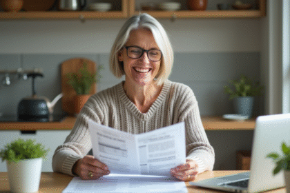 Femme souriante en cuisine avec brochures d'épargne