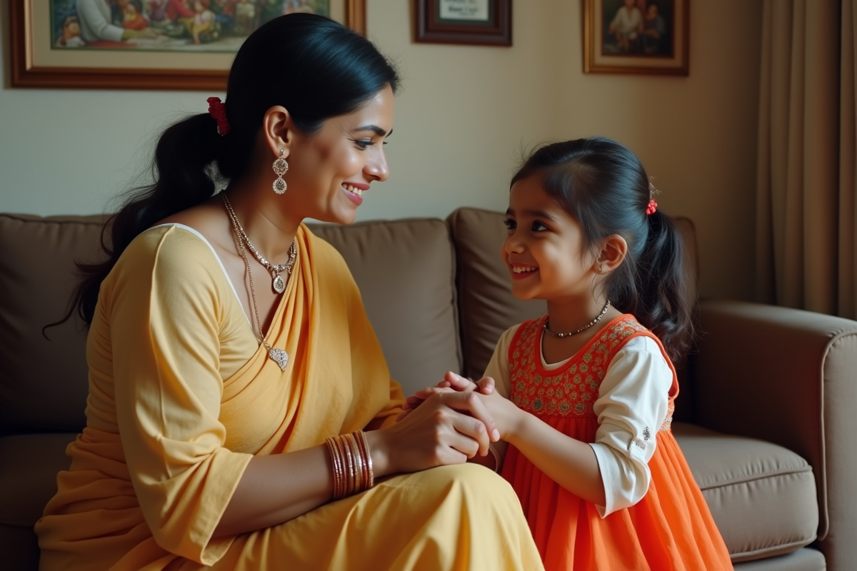 Femme indienne avec une enfant partageant un sourire chaleureux