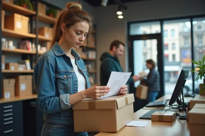 Femme vérifiant un colis dans un centre postal moderne