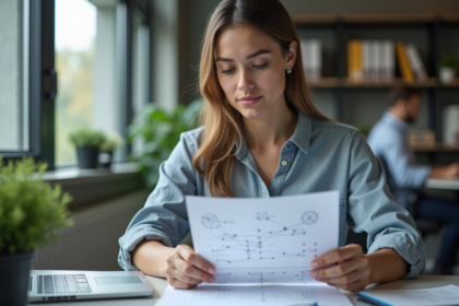Femme en bureau étudiant un diagramme de réseaux neuronaux