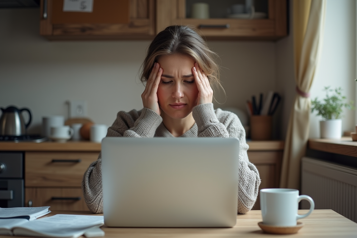 Femme fatiguée à la maison avec ordinateur dans la cuisine