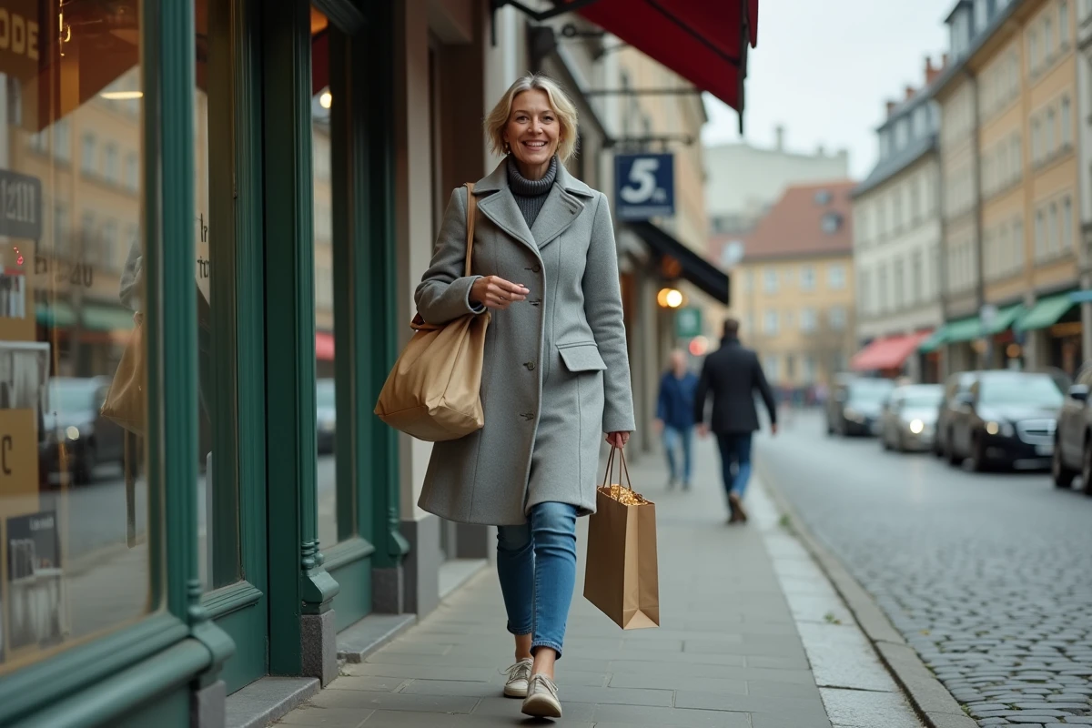 Femme frontalière sortant d'un bureau de tabac luxembourgeois avec des cartouches de cigarettes