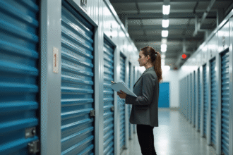 Jeune femme inspectant des portes de stockage modernes en intérieur
