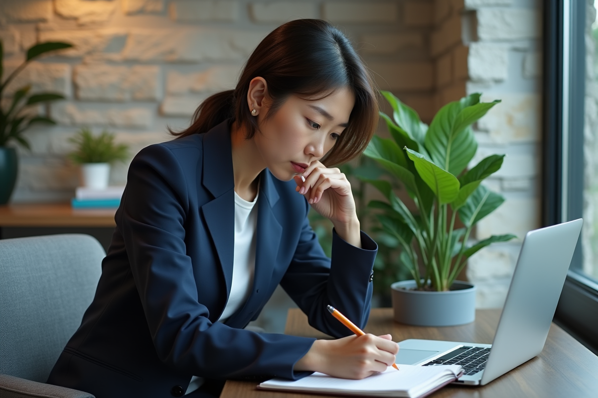 Femme japonaise en réflexion avec son carnet et ordinateur