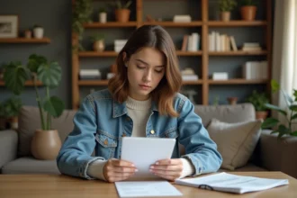 Jeune femme lisant un manuel minimaliste dans un espace moderne