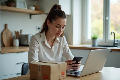 Femme au laptop et colis GLS dans une cuisine moderne