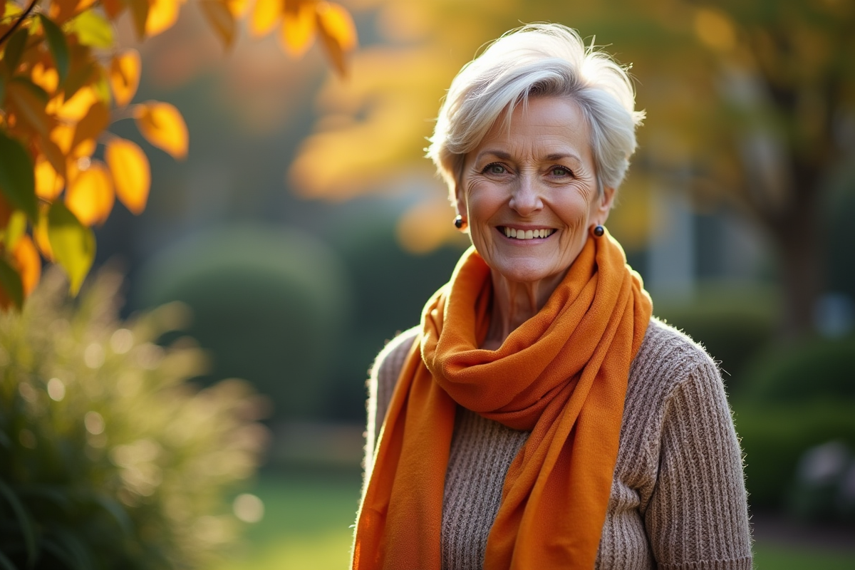 Femme mature dans un jardin en plein air avec foulard coloré