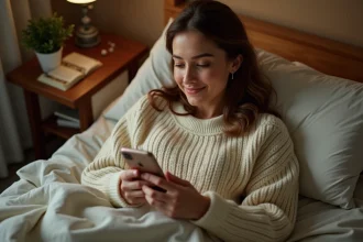 Femme souriante allongée sur son lit le soir, lisant un message romantique bonne nuit sur son smartphone