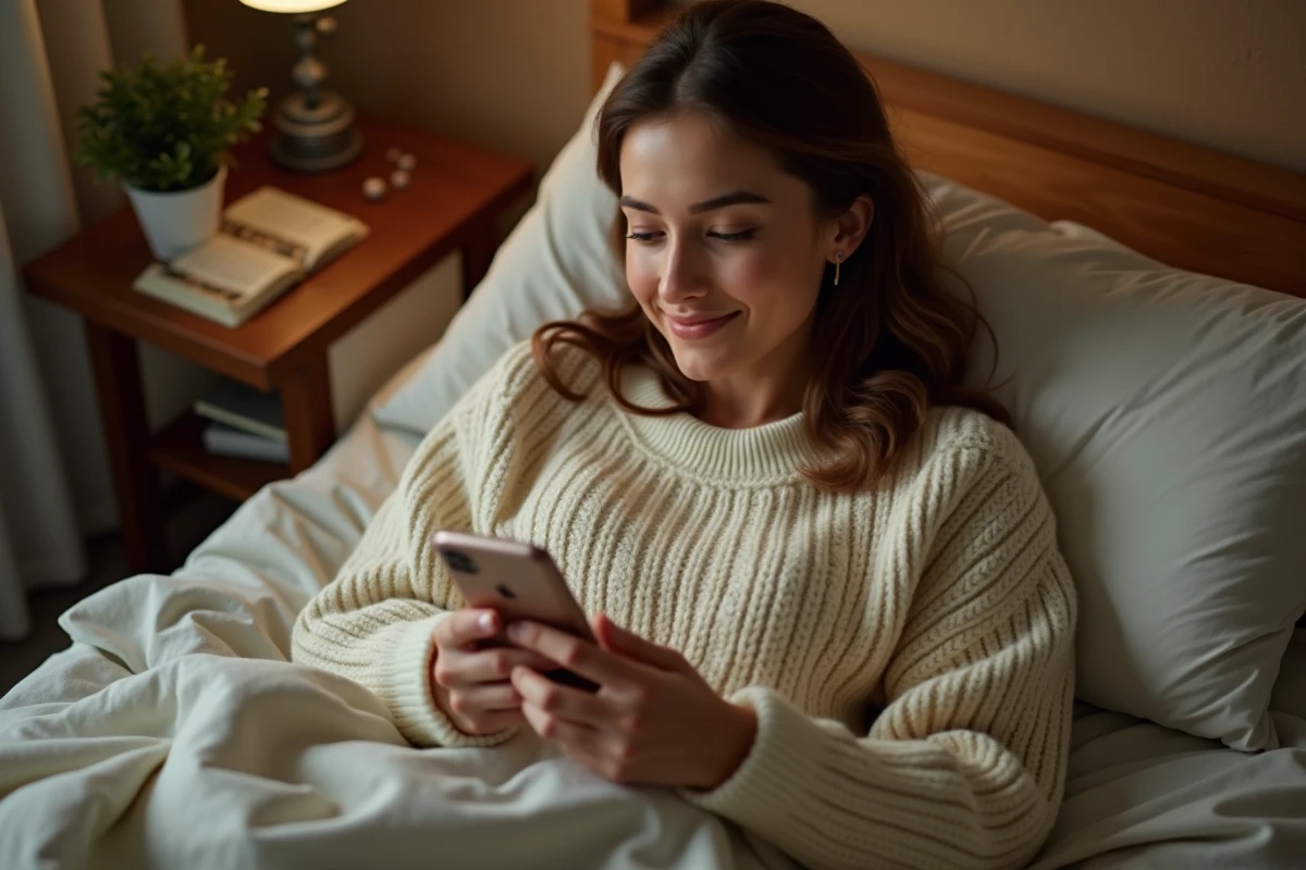 Femme souriante allongée sur son lit le soir, lisant un message romantique bonne nuit sur son smartphone