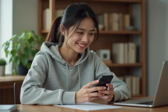Jeune femme jouant à Monopoly GO sur smartphone à son bureau, illustrant les dés gratuits 2026