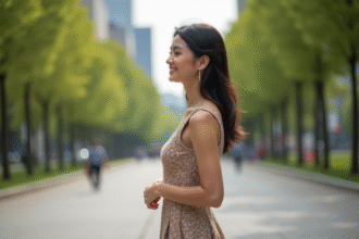Femme élégante en robe midi dans un parc urbain