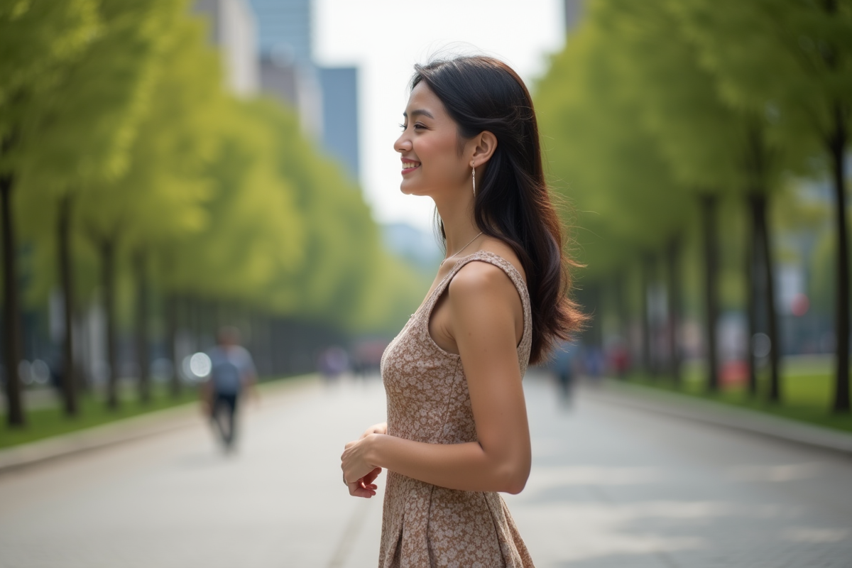 Femme élégante en robe midi dans un parc urbain