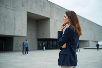 Femme admirant une installation d'art contemporain devant le MuMa du Havre lors du festival Pharenheit