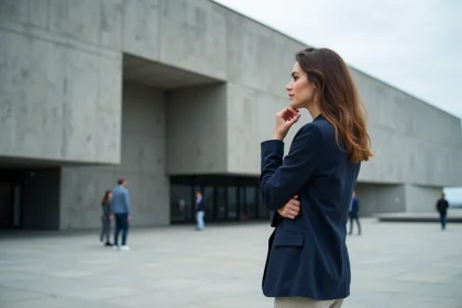 Femme admirant une installation d'art contemporain devant le MuMa du Havre lors du festival Pharenheit