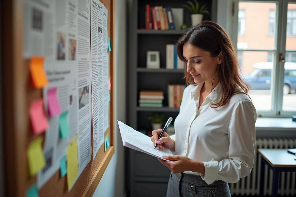 Femme en réunion prenant des notes sur un tableau
