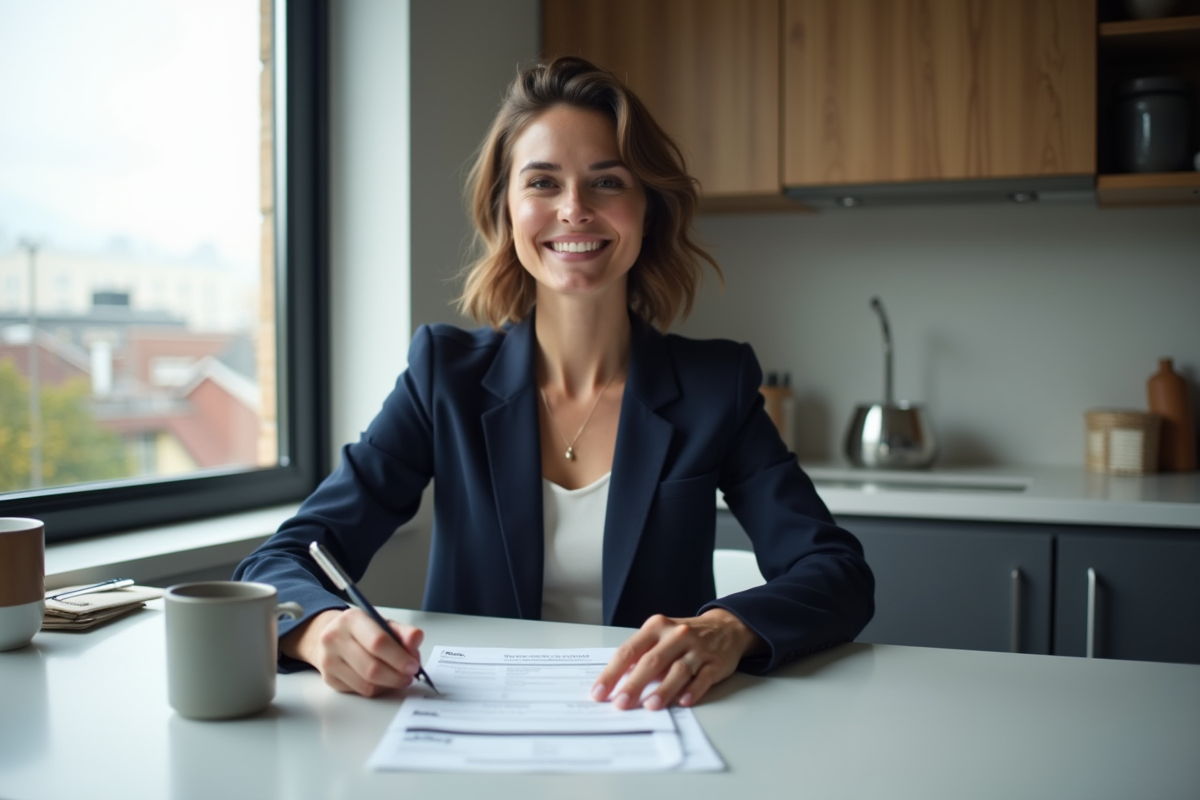 Femme remplissant des papiers fiscaux à la maison