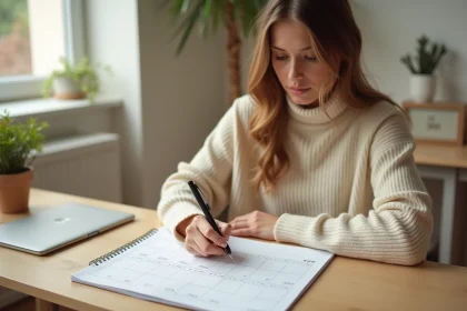 Femme écrivant sur un planning mensuel imprimé 2026 posé sur un bureau en bois dans un bureau à domicile organisé