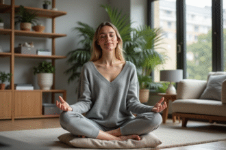 Femme méditant en intérieur avec respiration 478