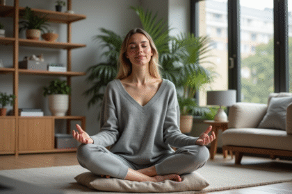 Femme méditant en intérieur avec respiration 478