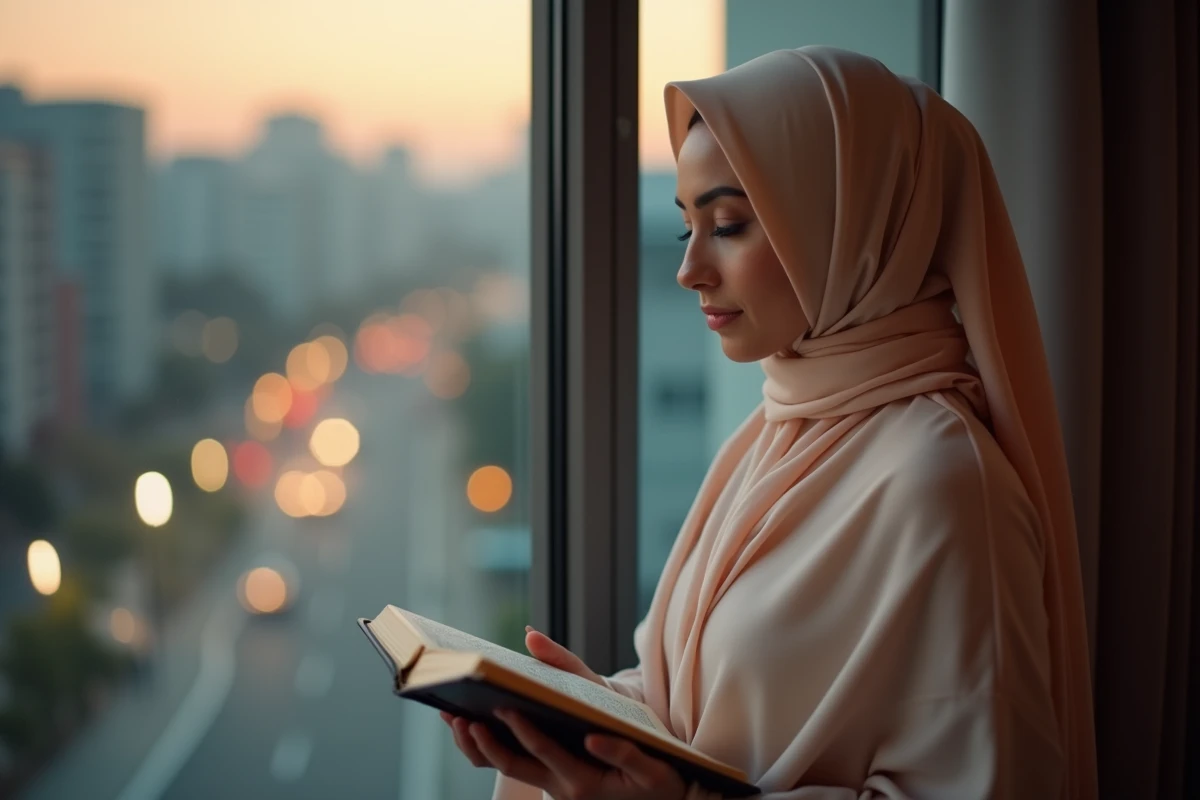 Femme musulmane portant un hijab beige récitant le Coran debout lors de la prière du Maghreb près d'une fenêtre au crépuscule