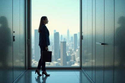 Jeune femme d'affaires dans un ascenseur moderne surplombant la ville