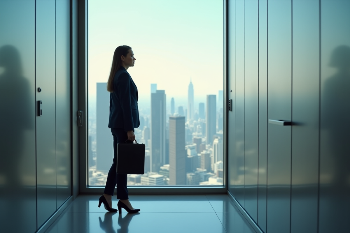 Jeune femme d'affaires dans un ascenseur moderne surplombant la ville