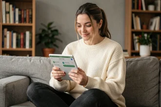 Jeune femme concentrée jouant à un quiz en ligne sur une tablette dans un salon moderne, illustrant la fascination pour le quiz Archange Leptithebdo en 2026