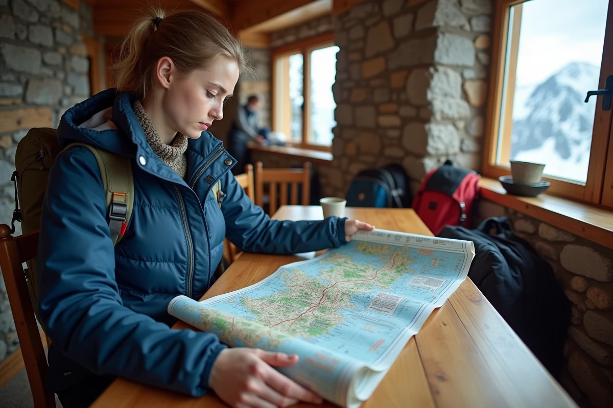 Jeune femme préparant sa randonnée dans un refuge de montagne