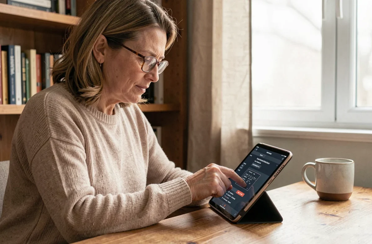Femme ajustant les paramètres de lecture confortable sur une tablette avec interface Epsilon Scan à son bureau à domicile