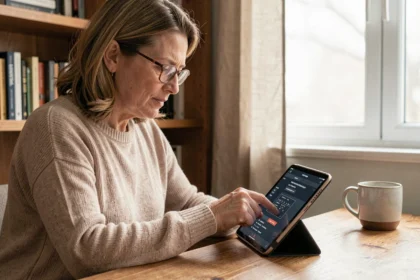 Femme ajustant les paramètres de lecture confortable sur une tablette avec interface Epsilon Scan à son bureau à domicile